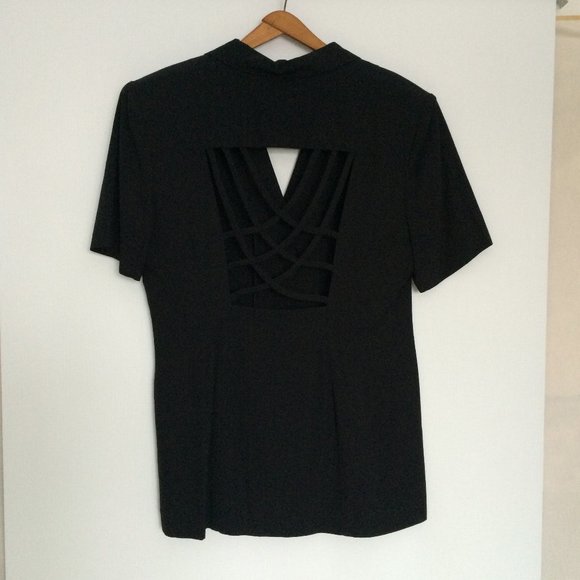 Joseph Ribkoff Petite Short Sleeve Black Jacket Sz 12 Peekaboo Back White Button - Picture 2 of 6